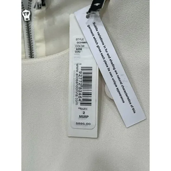 NWT Alice + Olivia Women's White Silk Izola Feather Detail Mini Dress Sz 2 FLAW Mini